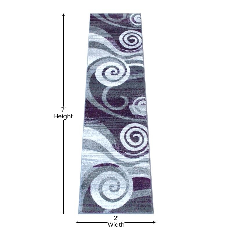 Cirrus Collection 2' X 7' Purple Swirl Patterned Olefin Area Rug With Jute Backing For Entryway, Living Room, Bedroom