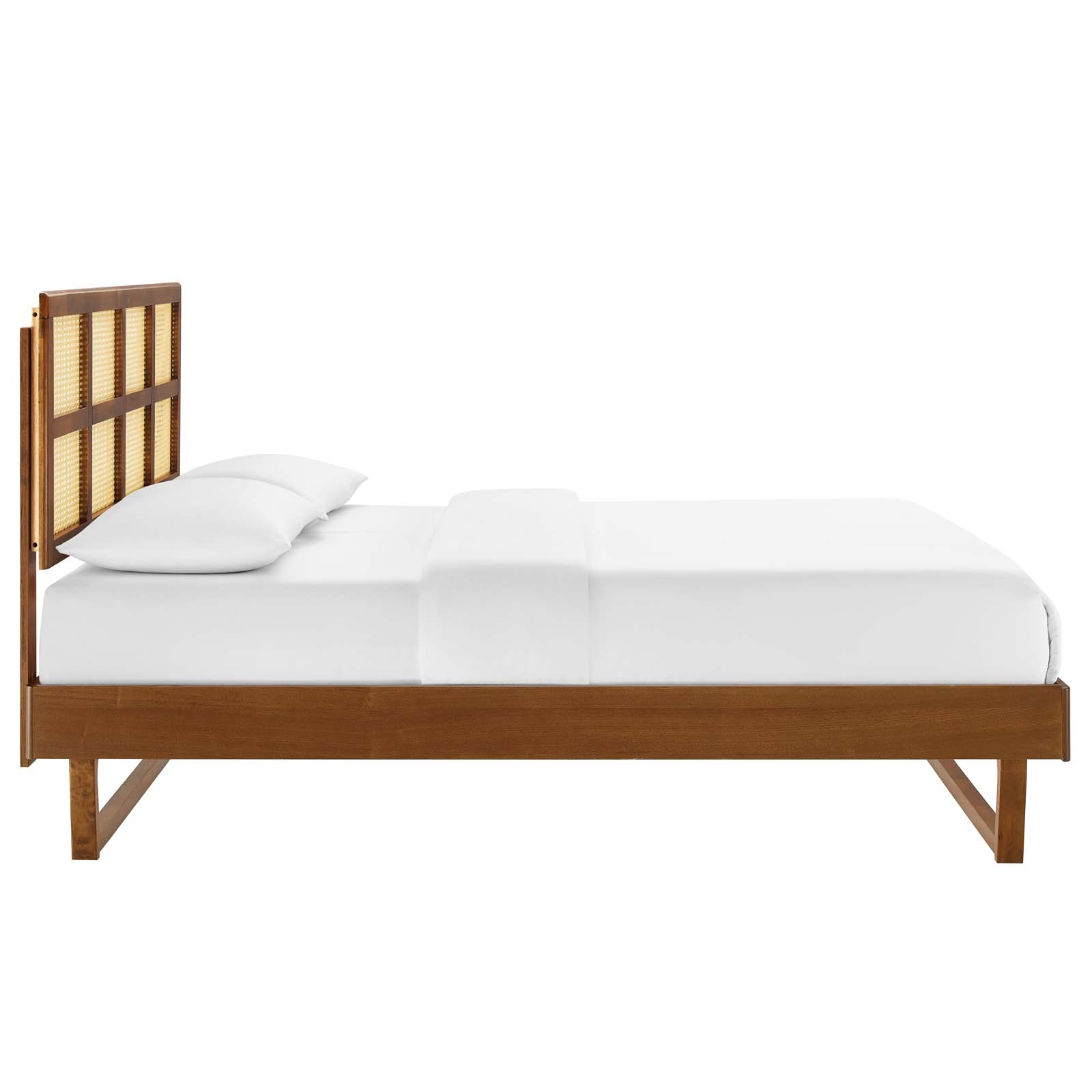 Sidney Cane And Wood King Platform Bed With Angular Legs, Walnut