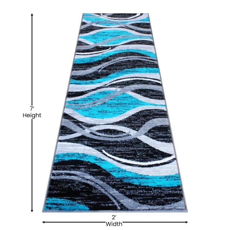 Wisp Collection 2' X 7' Turquoise Rippled Olefin Area Rug With Jute Backing For Entryway, Living Room, Bedroom