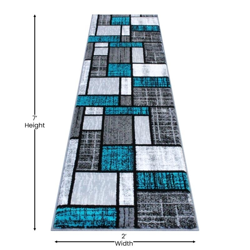 Raven Collection 2' X 7' Turquoise Color Bricked Olefin Area Rug With Jute Backing For Entryway, Living Room, Bedroom
