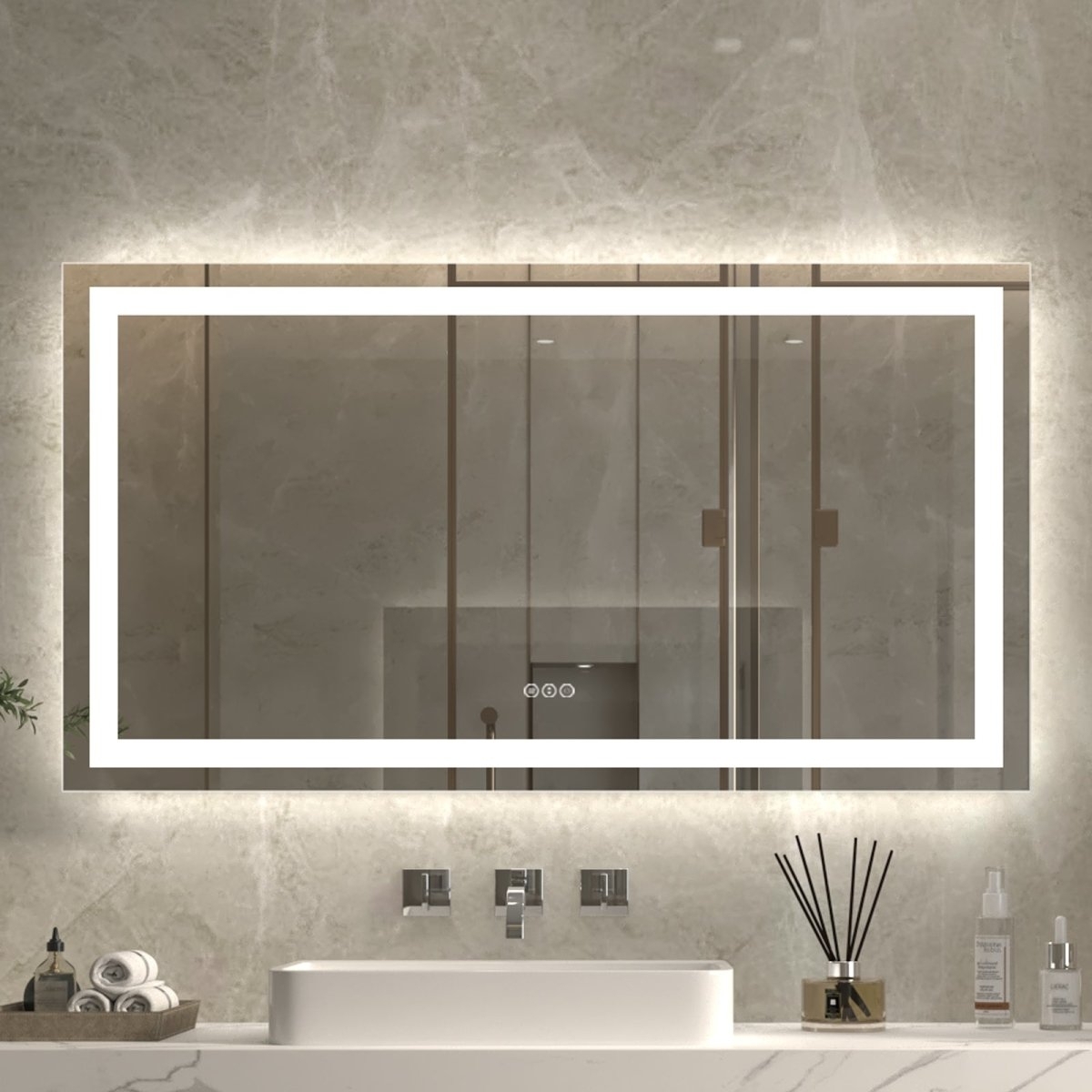 ExBrite 55" W x 30" H LED Bathroom Light Mirror,Anti Fog,Dimmable,Dual Lighting Mode,Tempered Glass