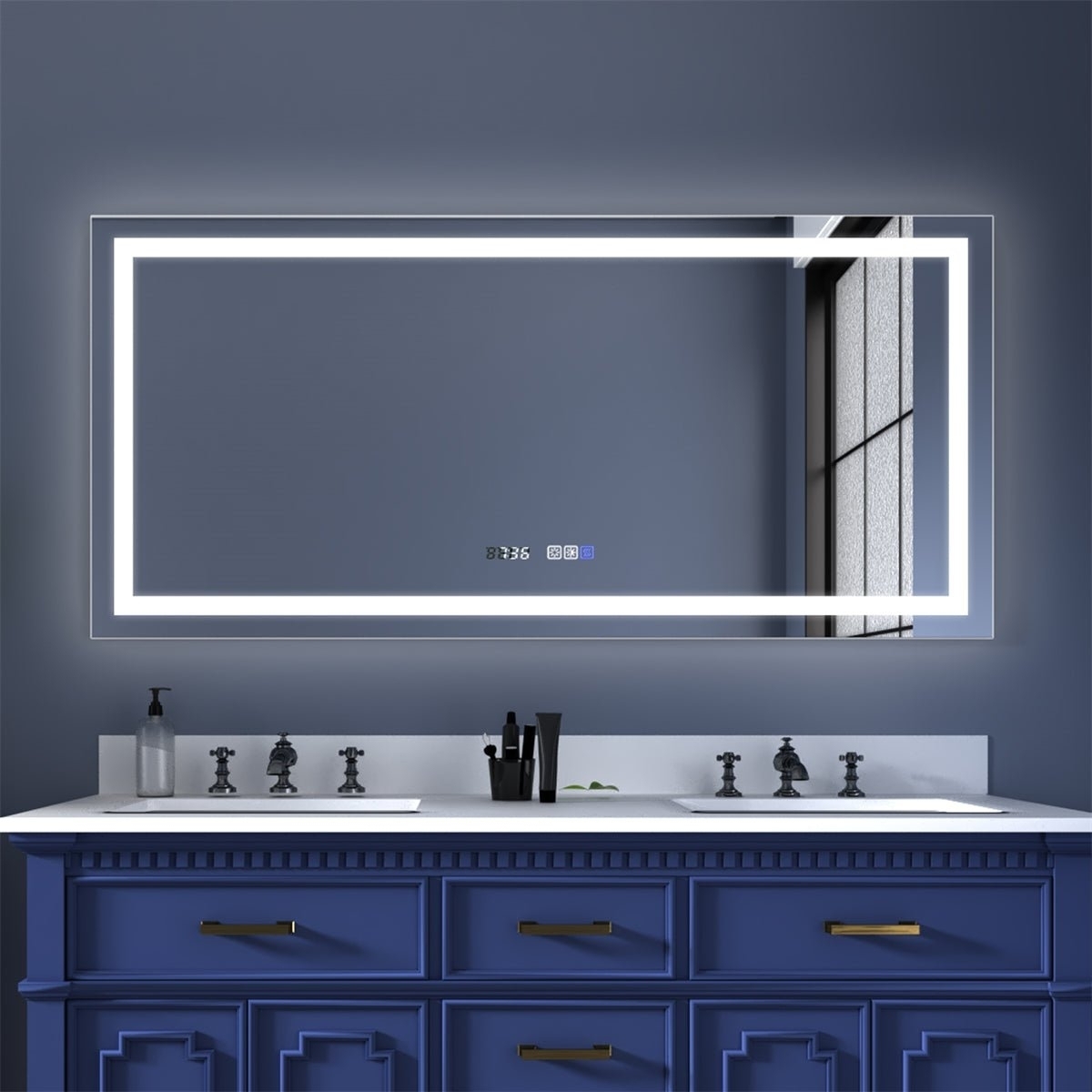 ExBrite 60 W X 28 H Bathroom Light Mirror Fahrenheit Anti Fog With Clock Mirror - Front Light