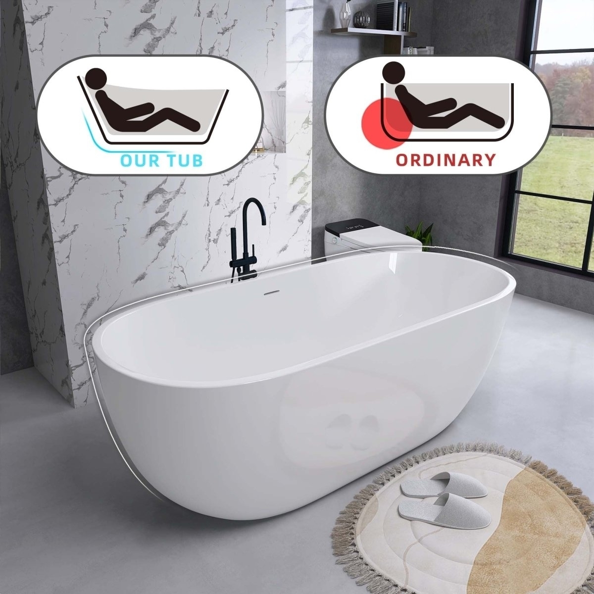 ExBrite Bathtub 55 Acrylic Free Standing Tub Classic Oval Soaking Tub Adjustable Freestanding Chrome Pop-up Drain Anti-clogging Gloss White