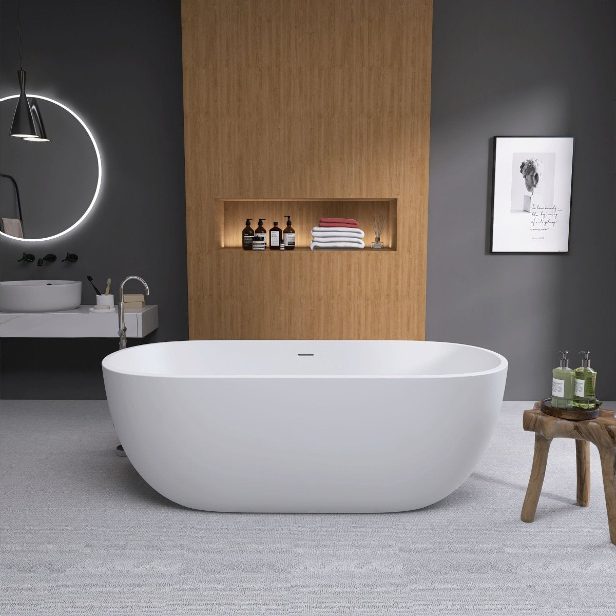 ExBrite Bathtub 65 Acrylic Classic Oval Shape Soaking Tub, Adjustable Freestanding Matte White
