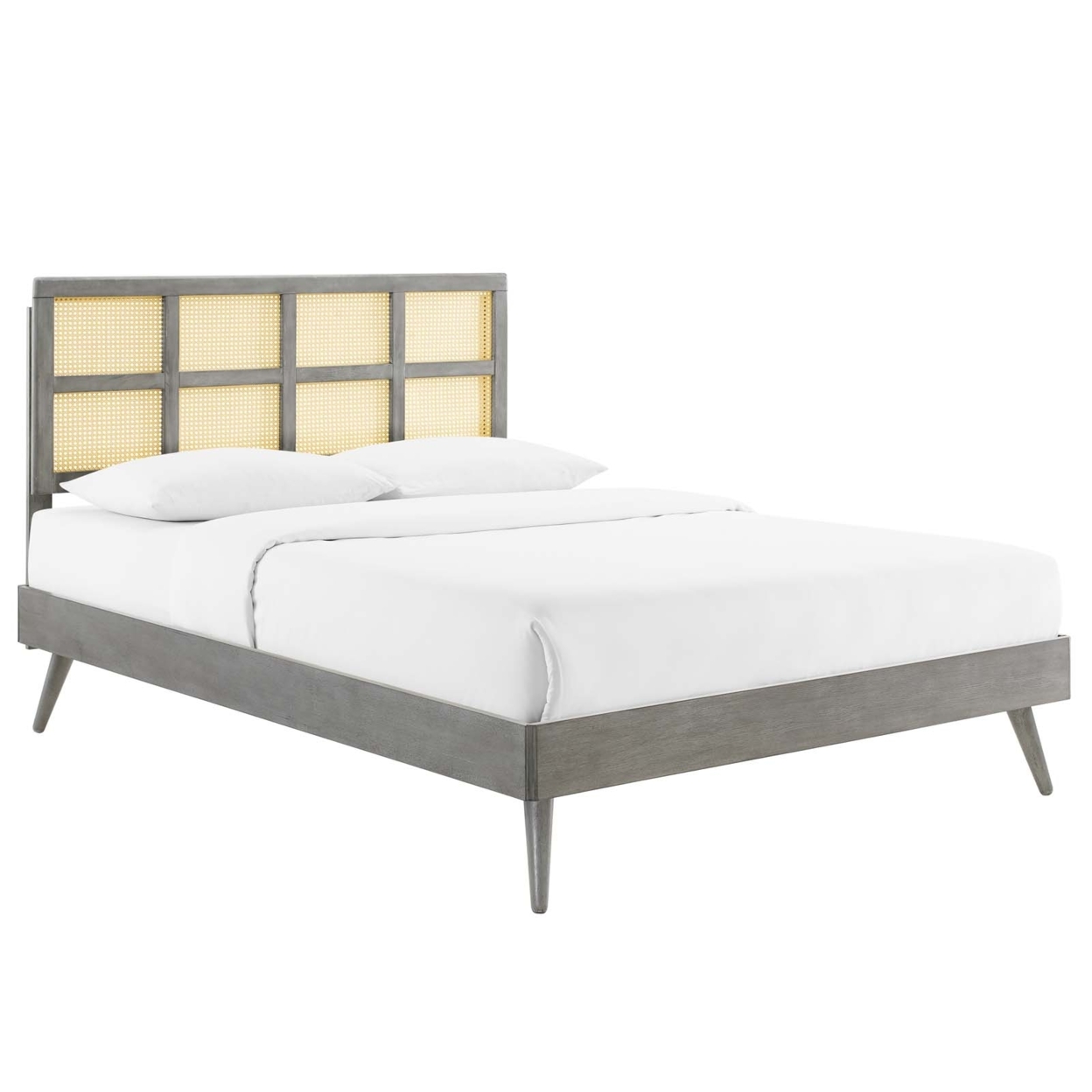 Sidney Cane And Wood Full Platform Bed With Splayed Legs, Gray