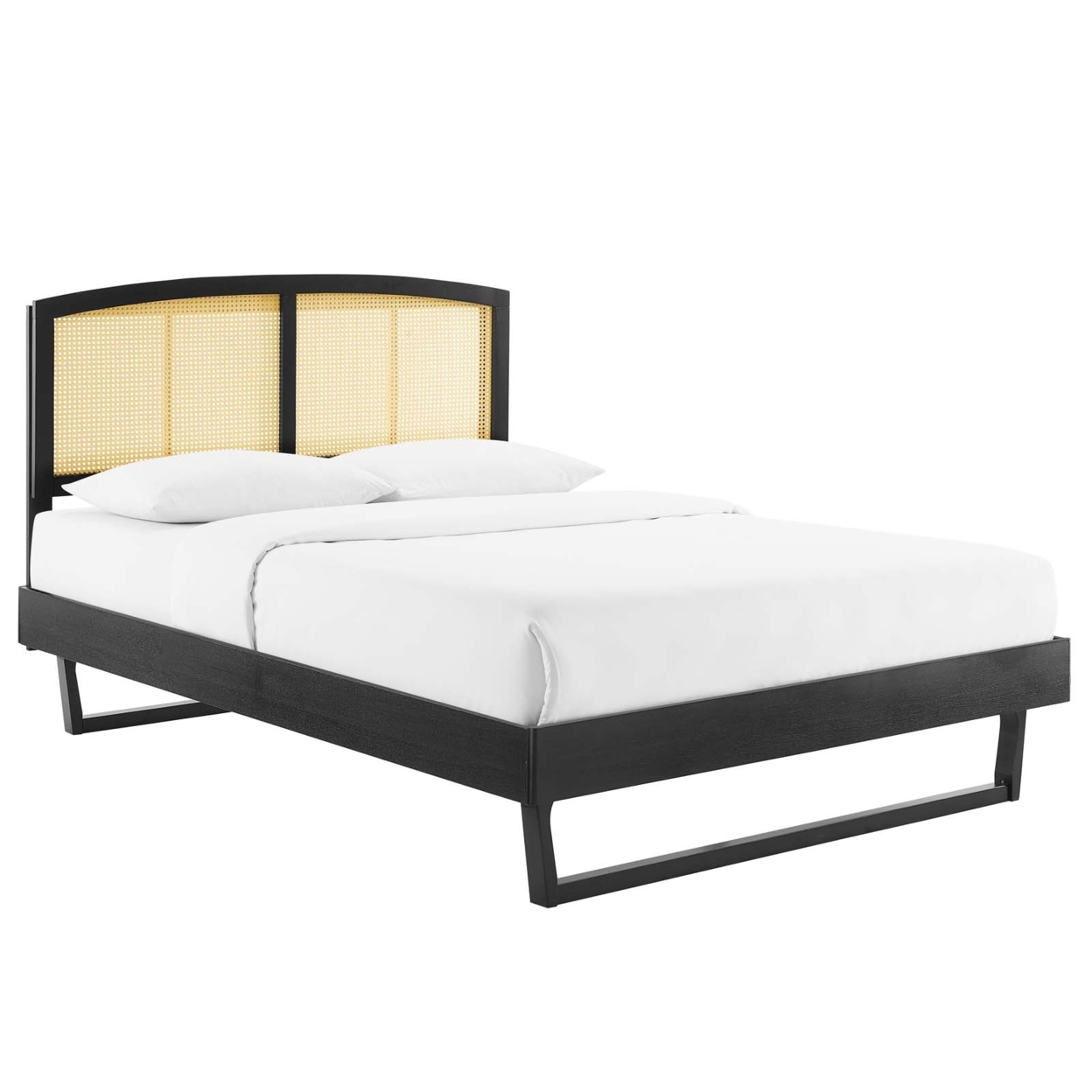 Sierra Cane And Wood Full Platform Bed With Angular Legs, Black