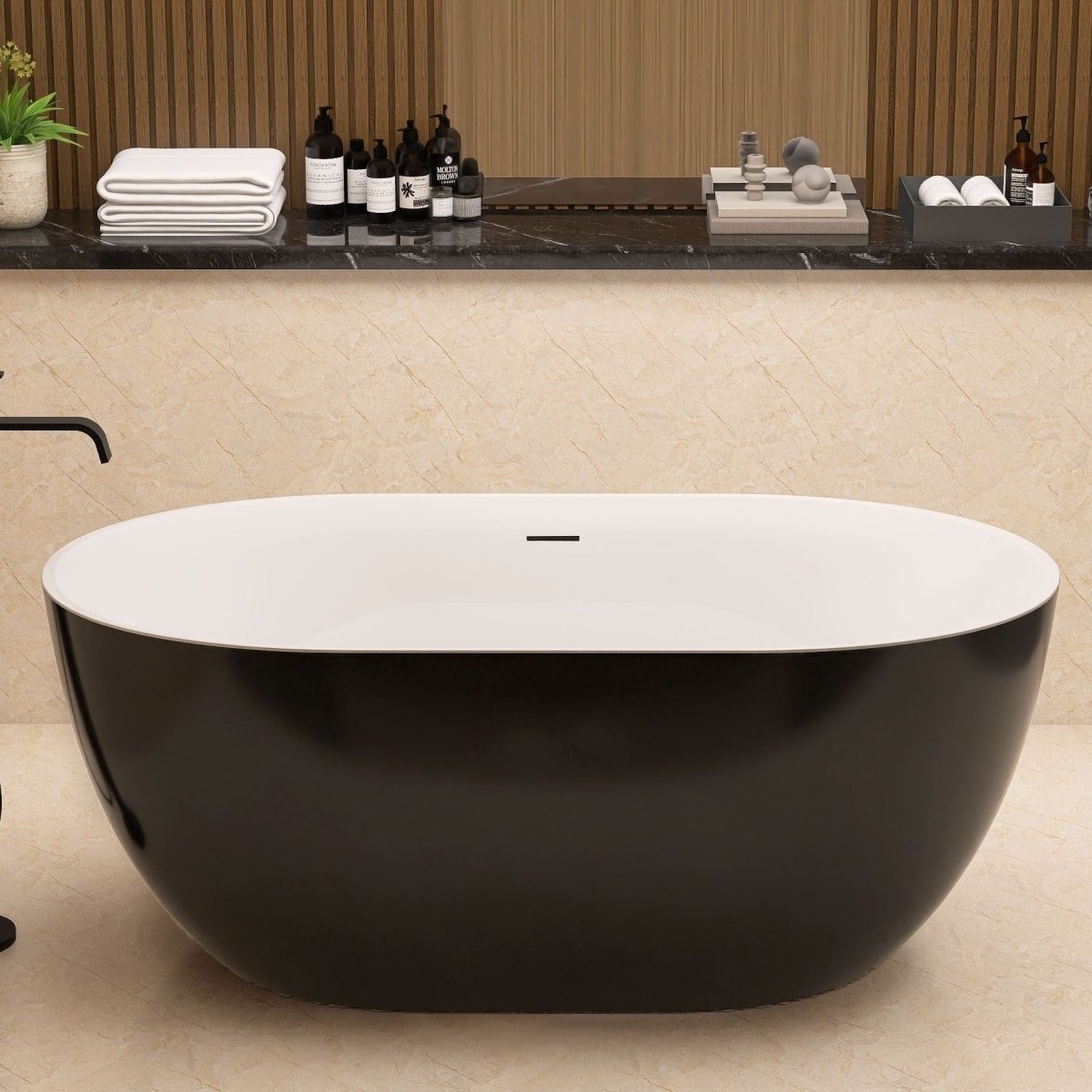ExBrite 59 Acrylic Bathtub Free Standing Tub Oval Shape Soaking Tub Adjustable Freestanding Chrome Pop-up Drain Anti-clogging Black