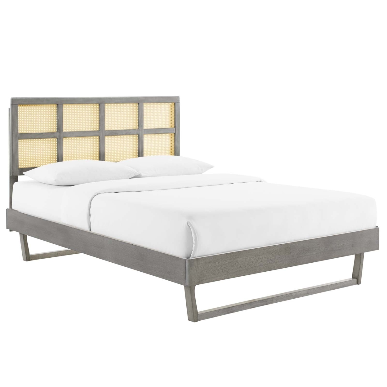 Sidney Cane And Wood Queen Platform Bed With Angular Legs, Gray