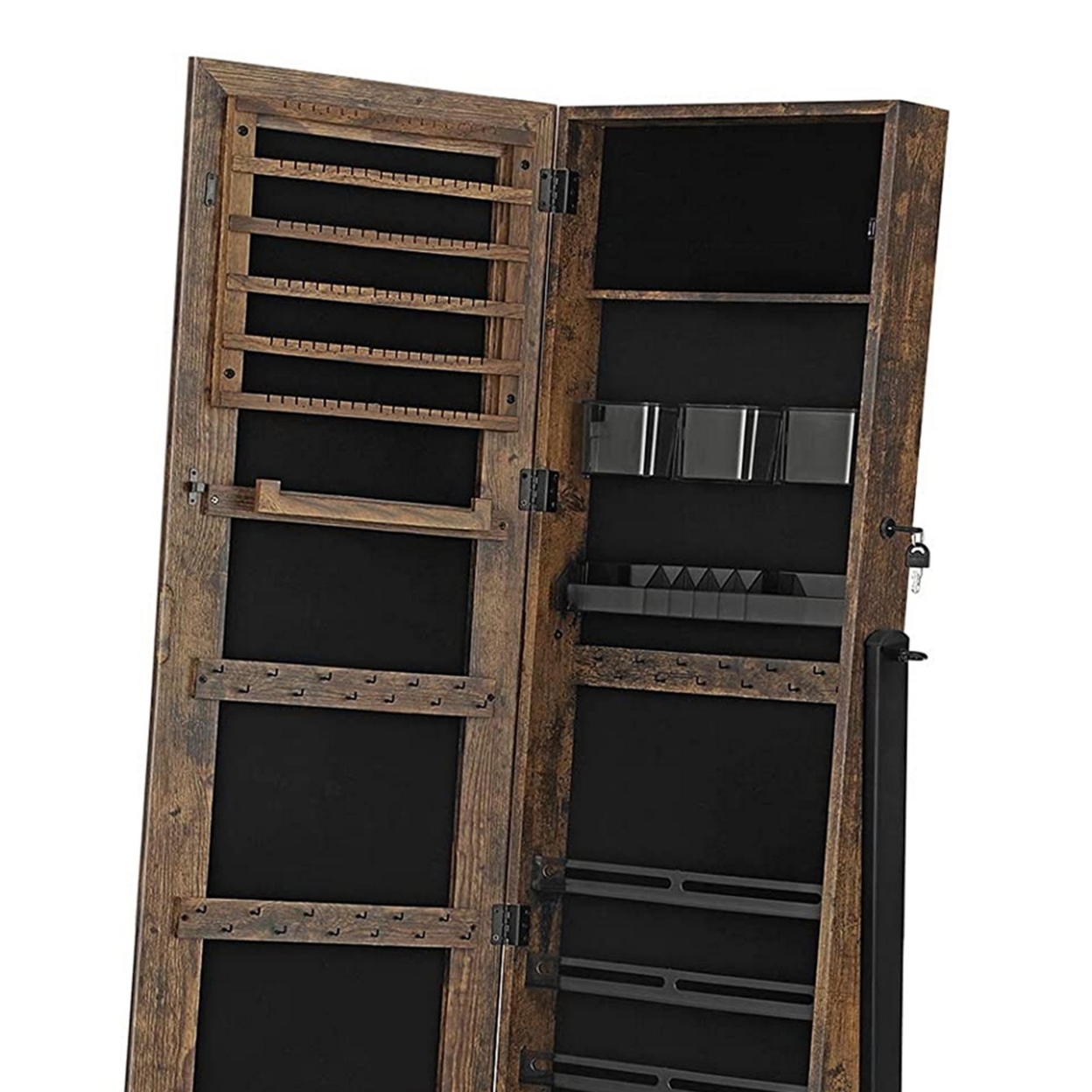Max 60 Inch Wood Jewelry Cabinet, Floor Mirror, Mesh Shelf, Rustic Brown- Saltoro Sherpi