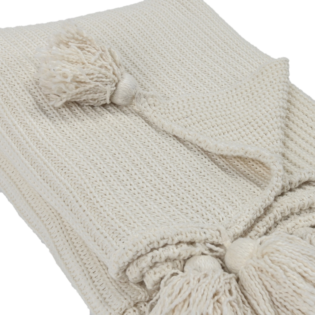 Dee 50 X 70 Soft Cotton Throw Blanket, Knitted Design, Woven Tassels, Ivory- Saltoro Sherpi