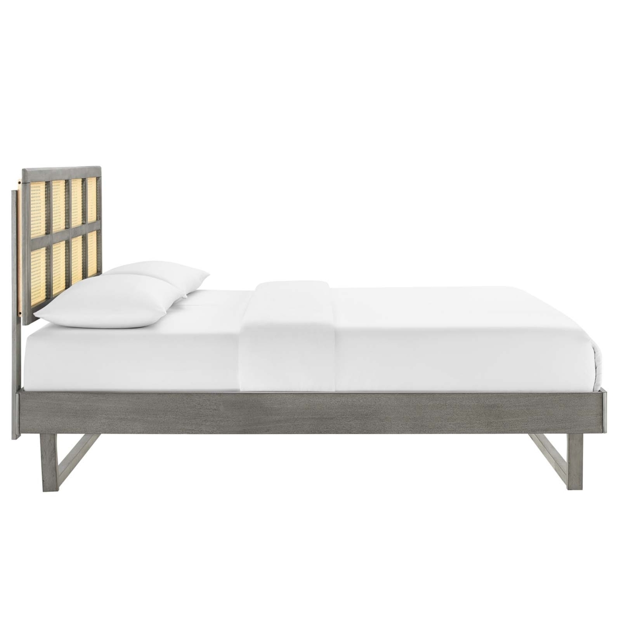 Sidney Cane And Wood Queen Platform Bed With Angular Legs, Gray