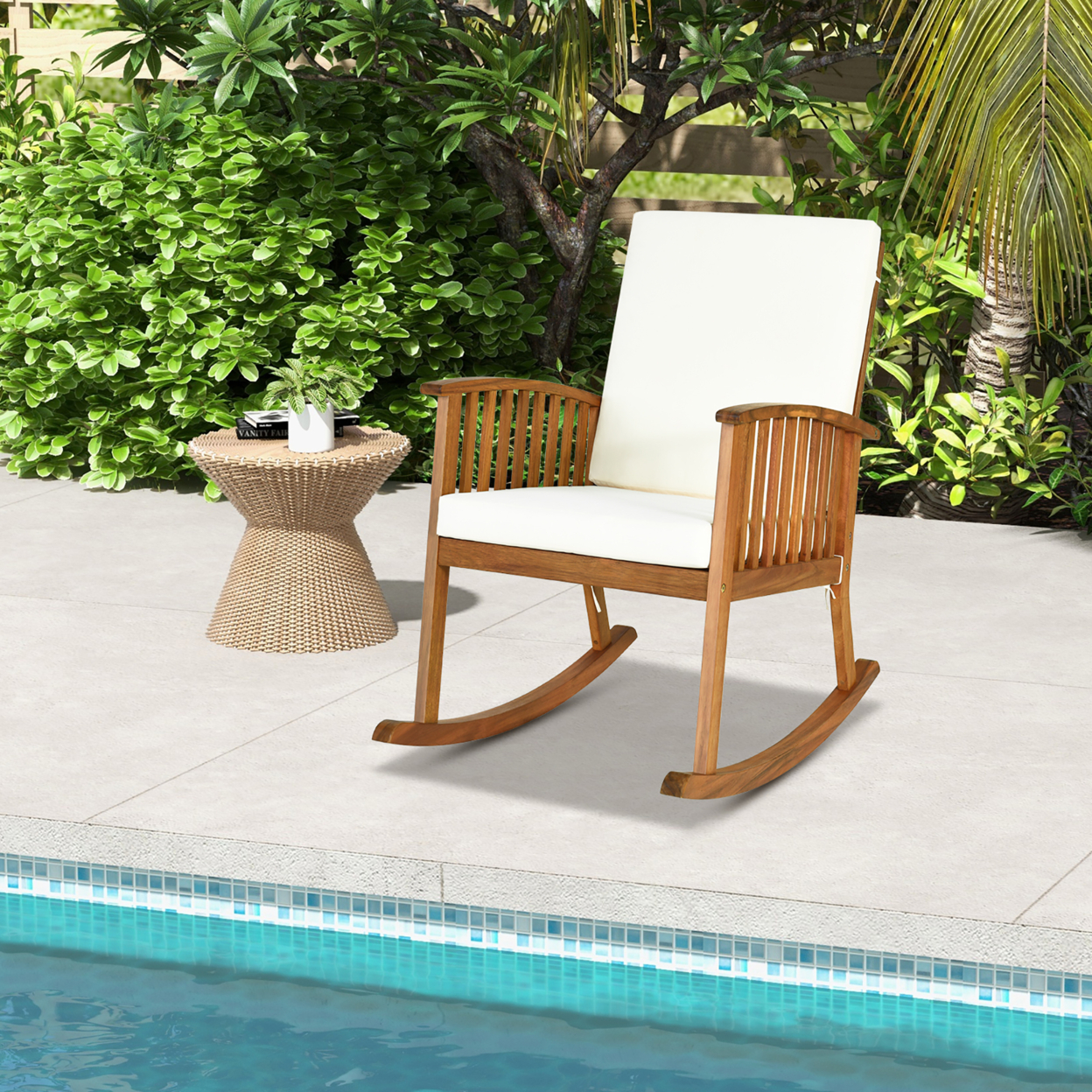Patio Wooden Rocking Chair Lawn Garden Outdoor W/ Armrest Cushion
