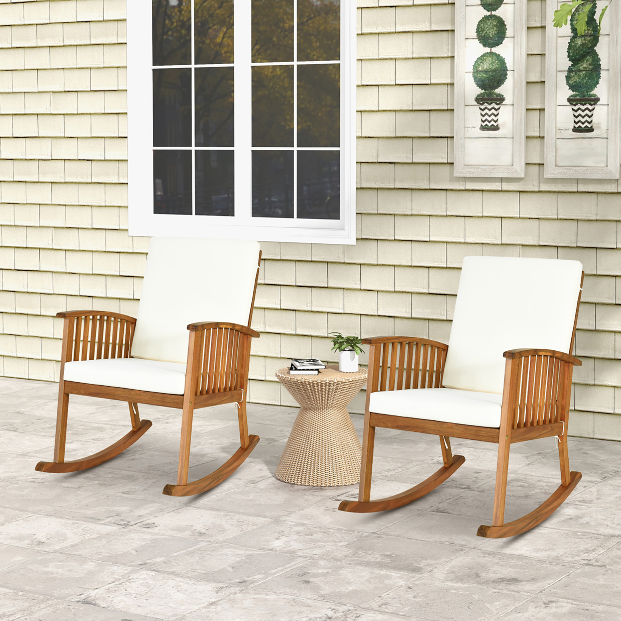 2PCS Patio Wooden Rocking Chair Lawn Garden Outdoor W/ Armrest Cushion