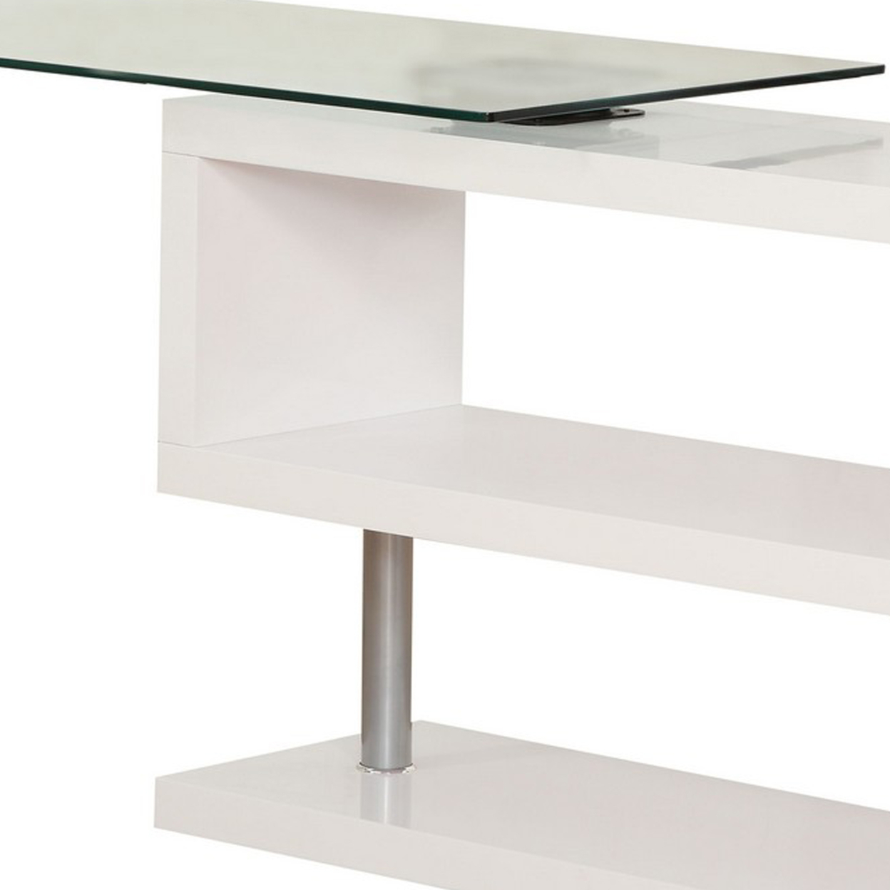 55 Inch Modern Office Desk, Swivel Shelves, Sleek Glass Top, Glossy White- Saltoro Sherpi