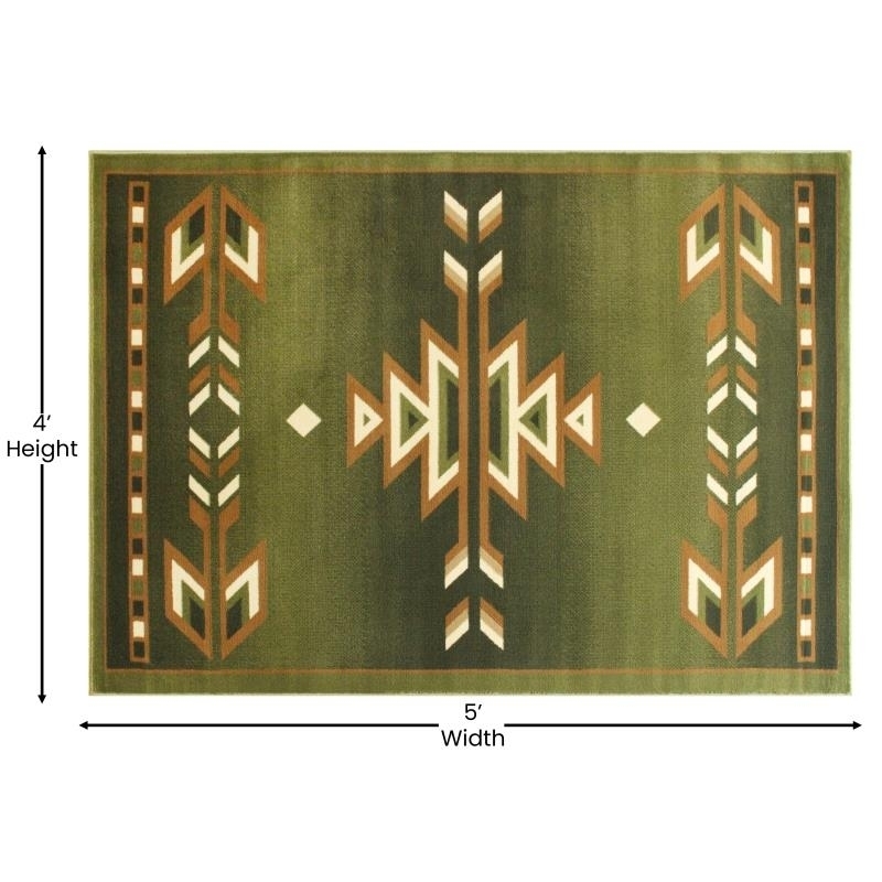Lodi Collection Southwestern 4' X 5' Green Area Rug - Olefin Rug With Jute Backing For Hallway, Entryway, Bedroom, Living Room