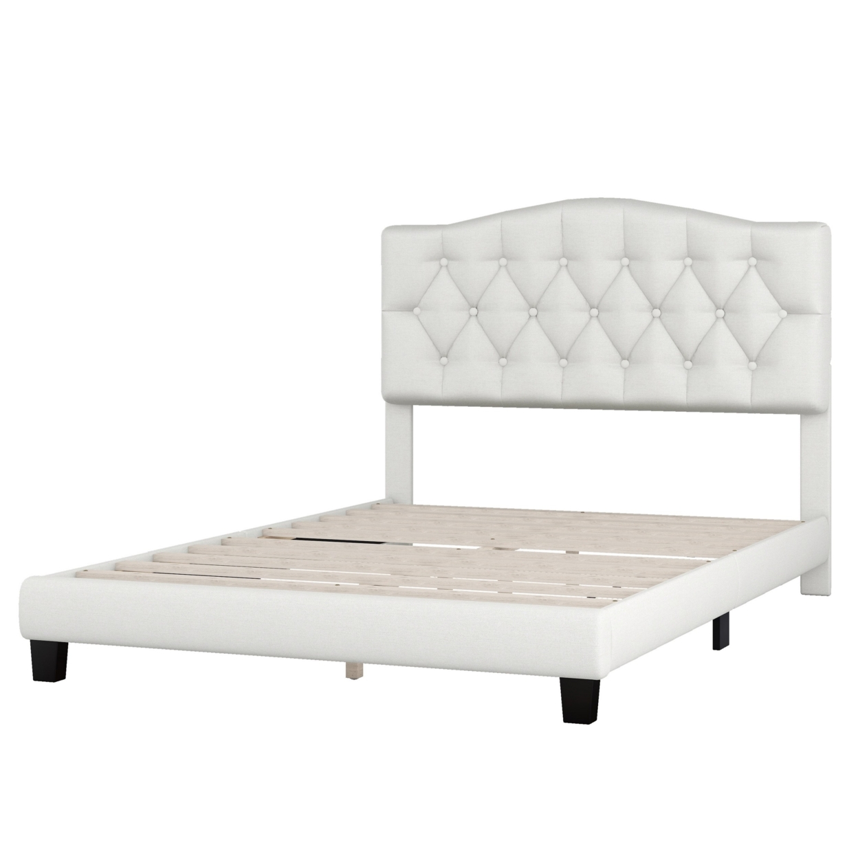 Cody Full Size Platform Bed With Diamond Button Tufted Headboard, Beige- Saltoro Sherpi