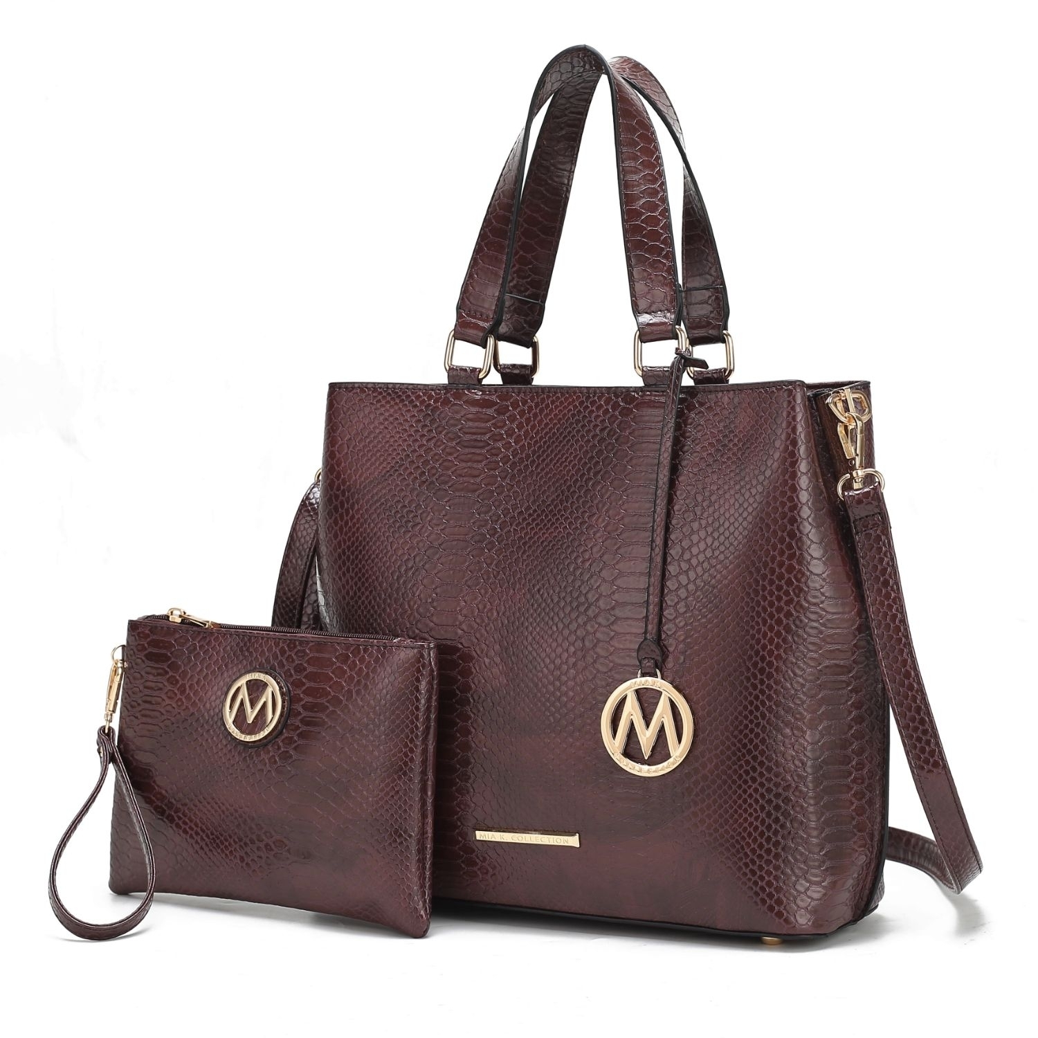 MKF Collection Beryl Snake-embossed Vegan Leather Women's Tote Bag With Wristlet - 2 Pieces, By Mia K - Coffee