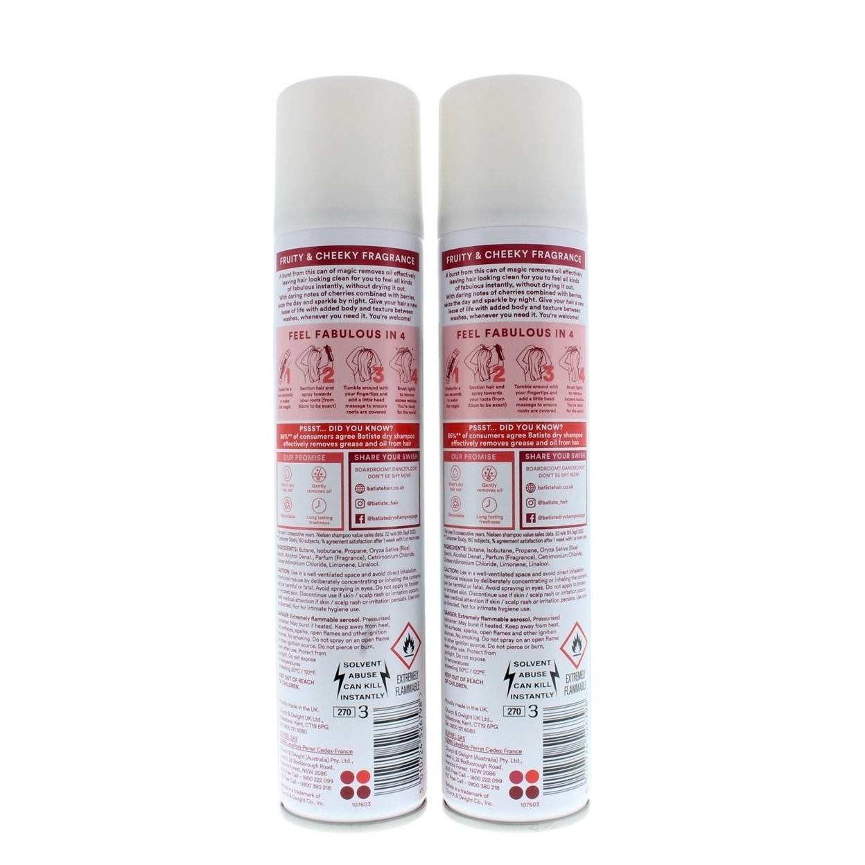 Batiste Instant Hair Refresh Dry Shampoo Cherry Cheeky Cherry 200ml/120g (2 PACK)