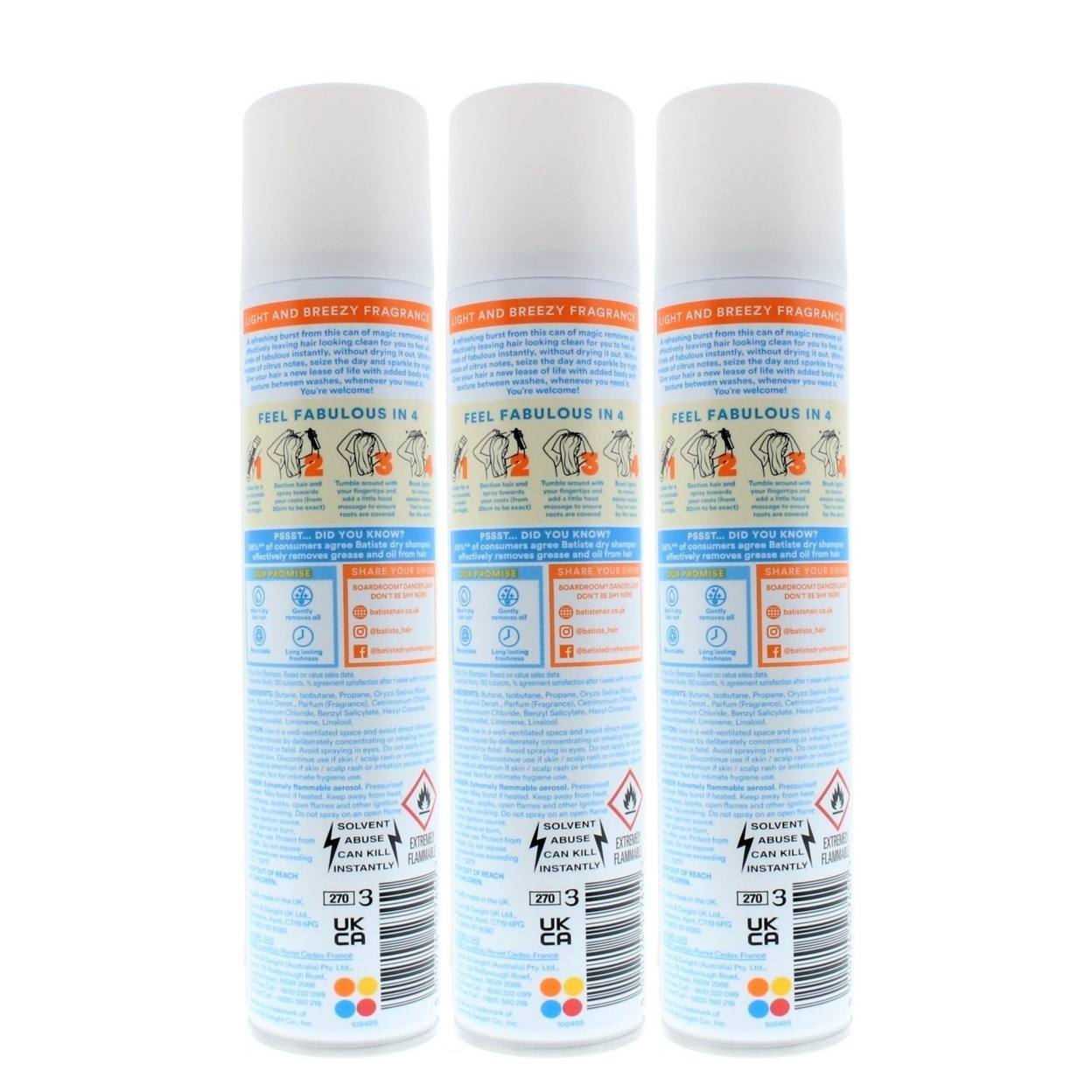 Batiste Instant Hair Refresh Dry Shampoo Fresh Breezy Citrus 200ml/120g (3 PACK)
