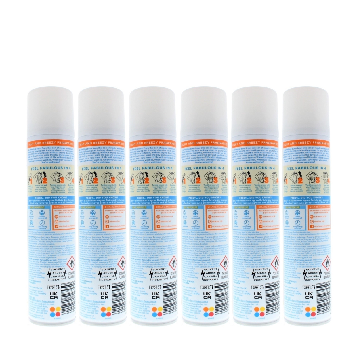 Batiste Instant Hair Refresh Dry Shampoo Fresh Breezy Citrus 200ml/120g (6 PACK)