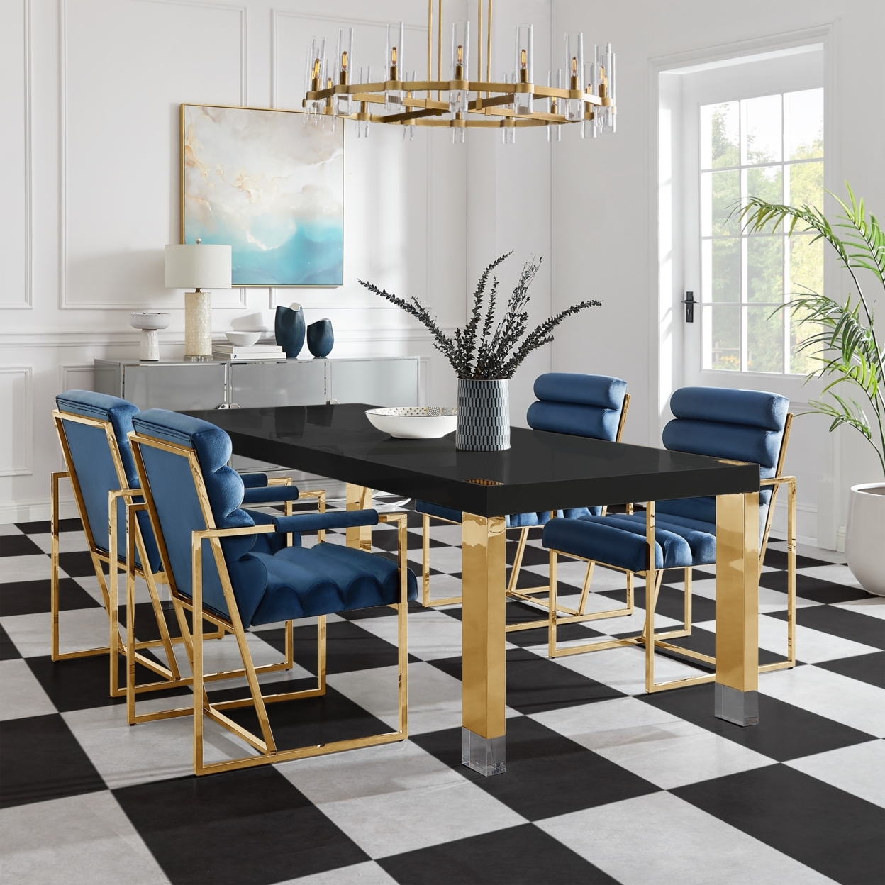 Kaniya Dining Table - Seats Up To 8 People, Stainless Steel Legs, Acrylic Translucent Tips - Black/gold