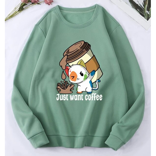 Slogan & Cartoon Graphic Thermal Lined Pullover - Mint Green, X-Large(12)
