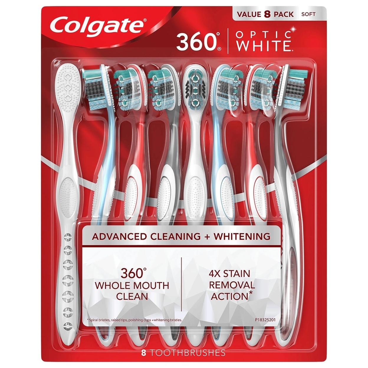 Colgate Optic White 360 Manual Toothbrush, Soft (8 Pack)