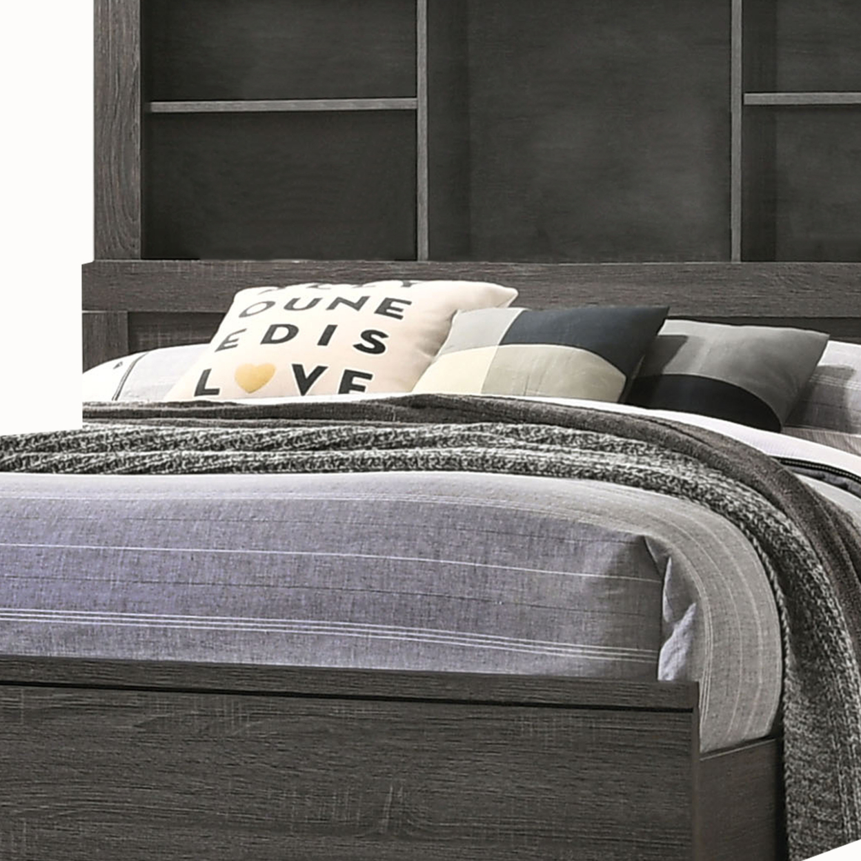 Wooden Queen Size Low Profile Size Bed With Bookcase Headboard, Gray- Saltoro Sherpi