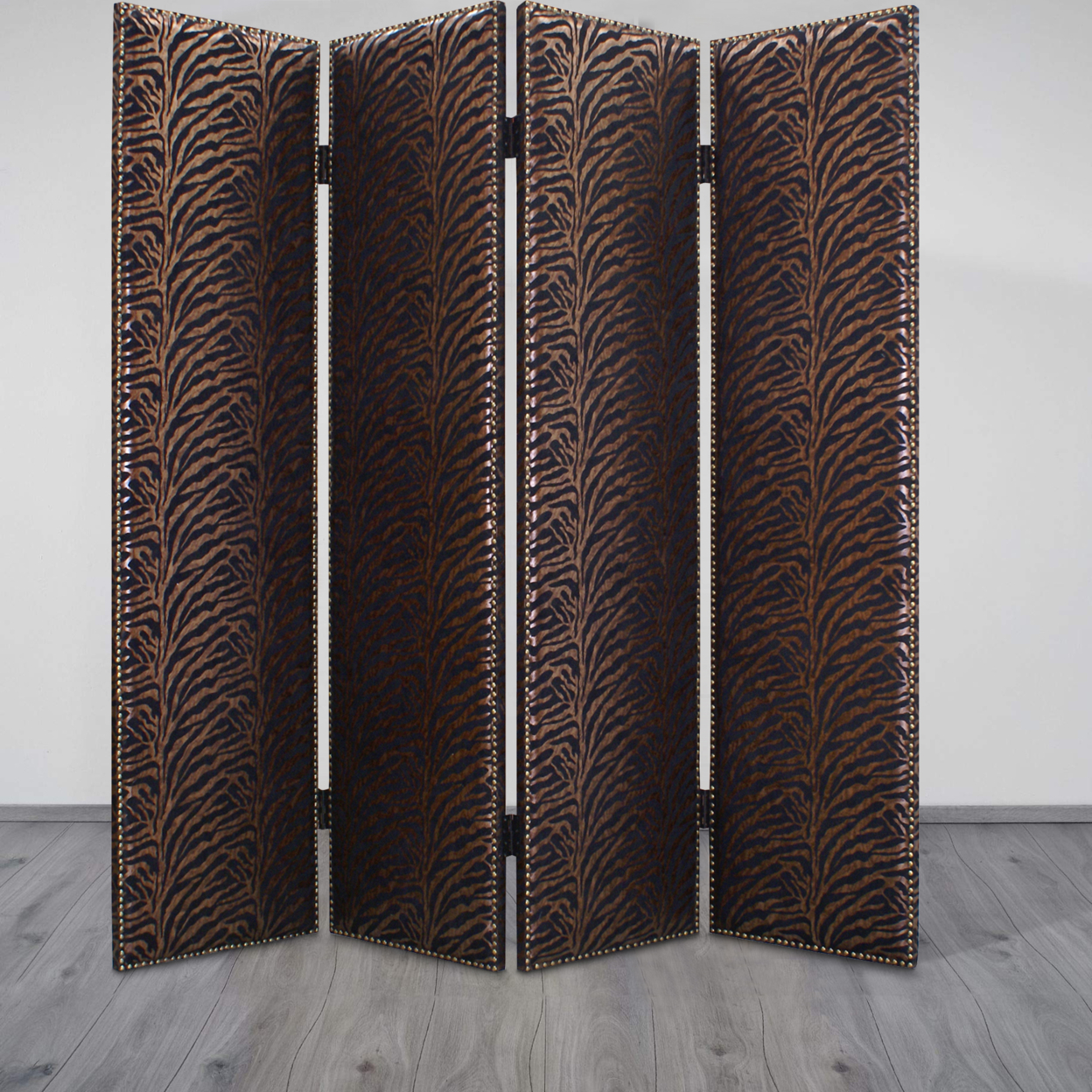 Wooden 4 Panel Screen With Nailhead Trim Accents, Black And Bronze- Saltoro Sherpi