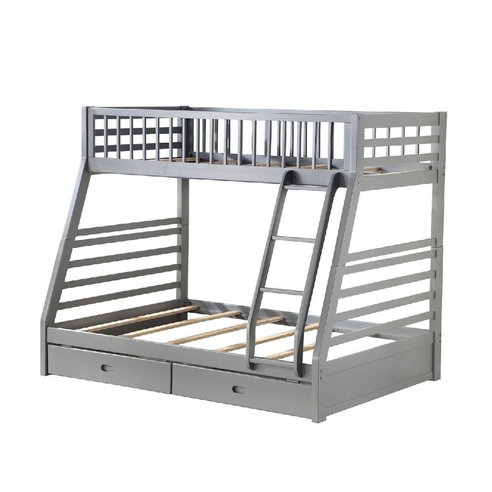 Transitional Twin Size Bunk Bed With Vertical Slats And Angled Ladder,Gray- Saltoro Sherpi
