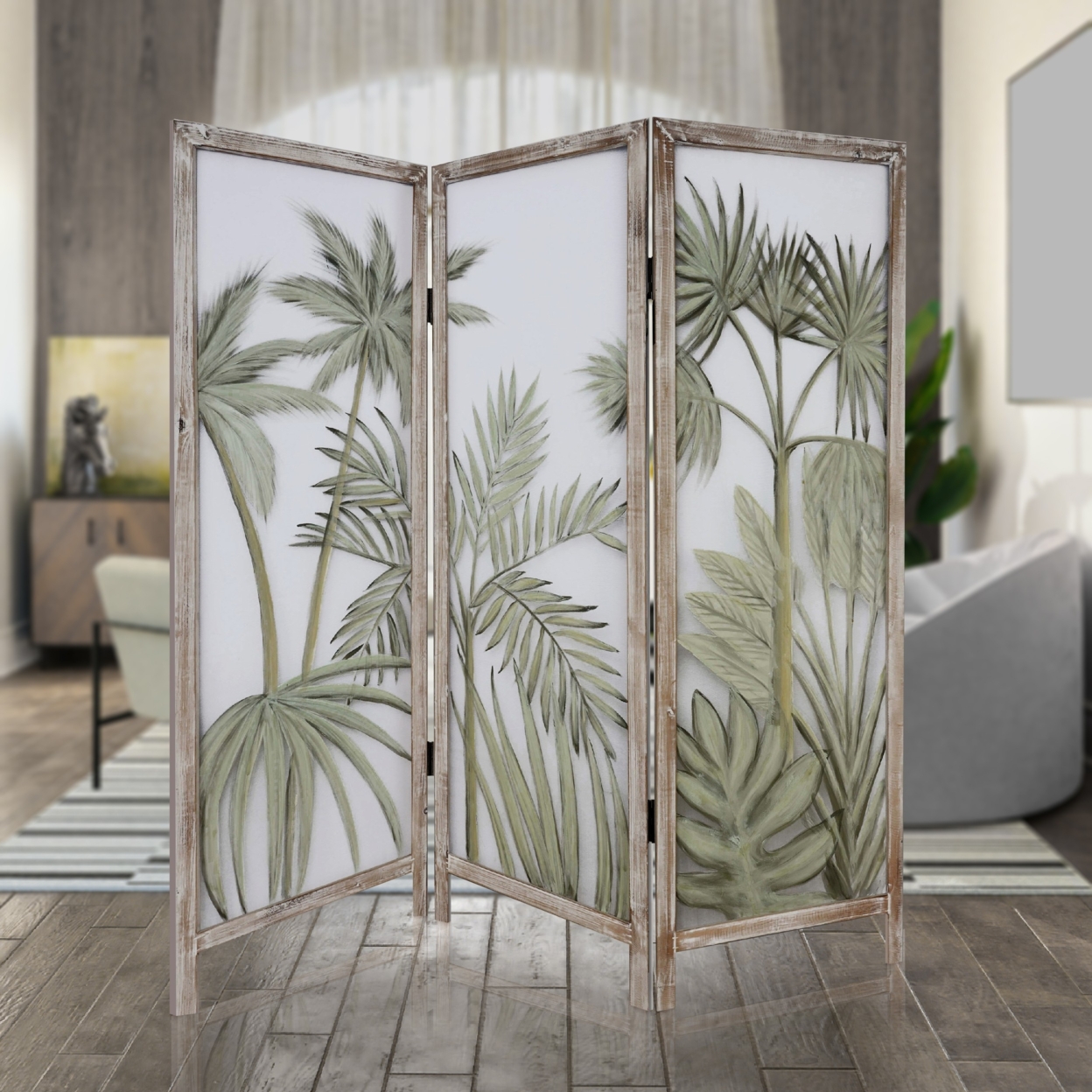 63 Inch 3 Panel Screen Room Divider, Painted Leaves, Wood Frame, Green- Saltoro Sherpi