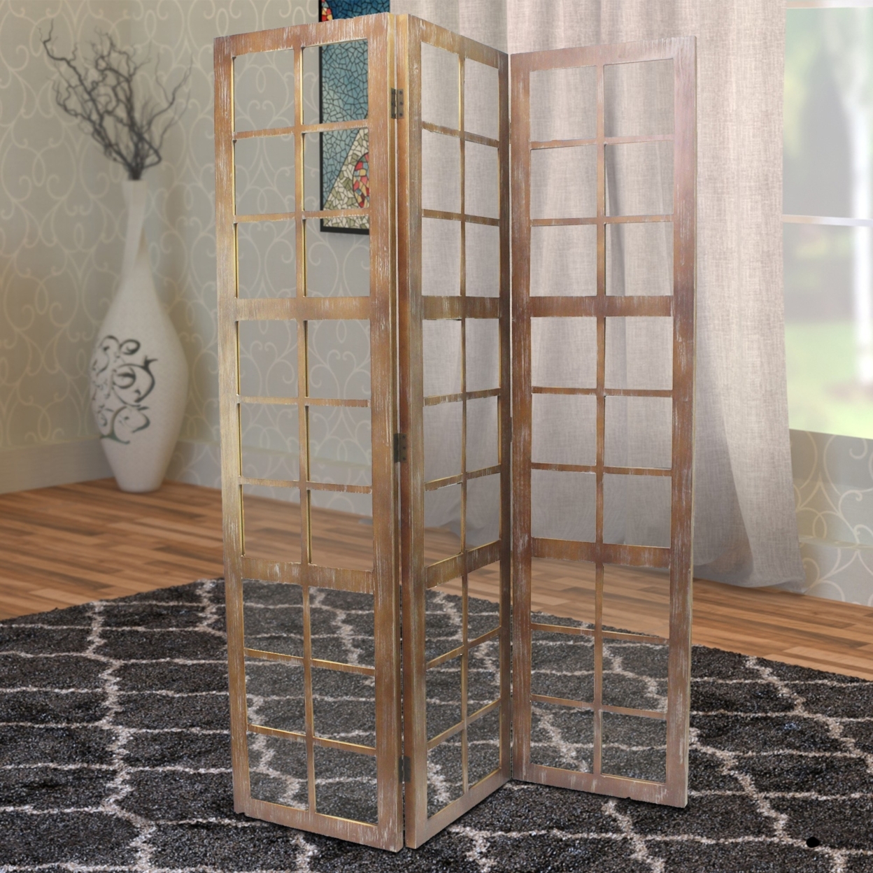 3 Panel Wooden Screen With Square Mirror Inserts, Brown And Silver- Saltoro Sherpi
