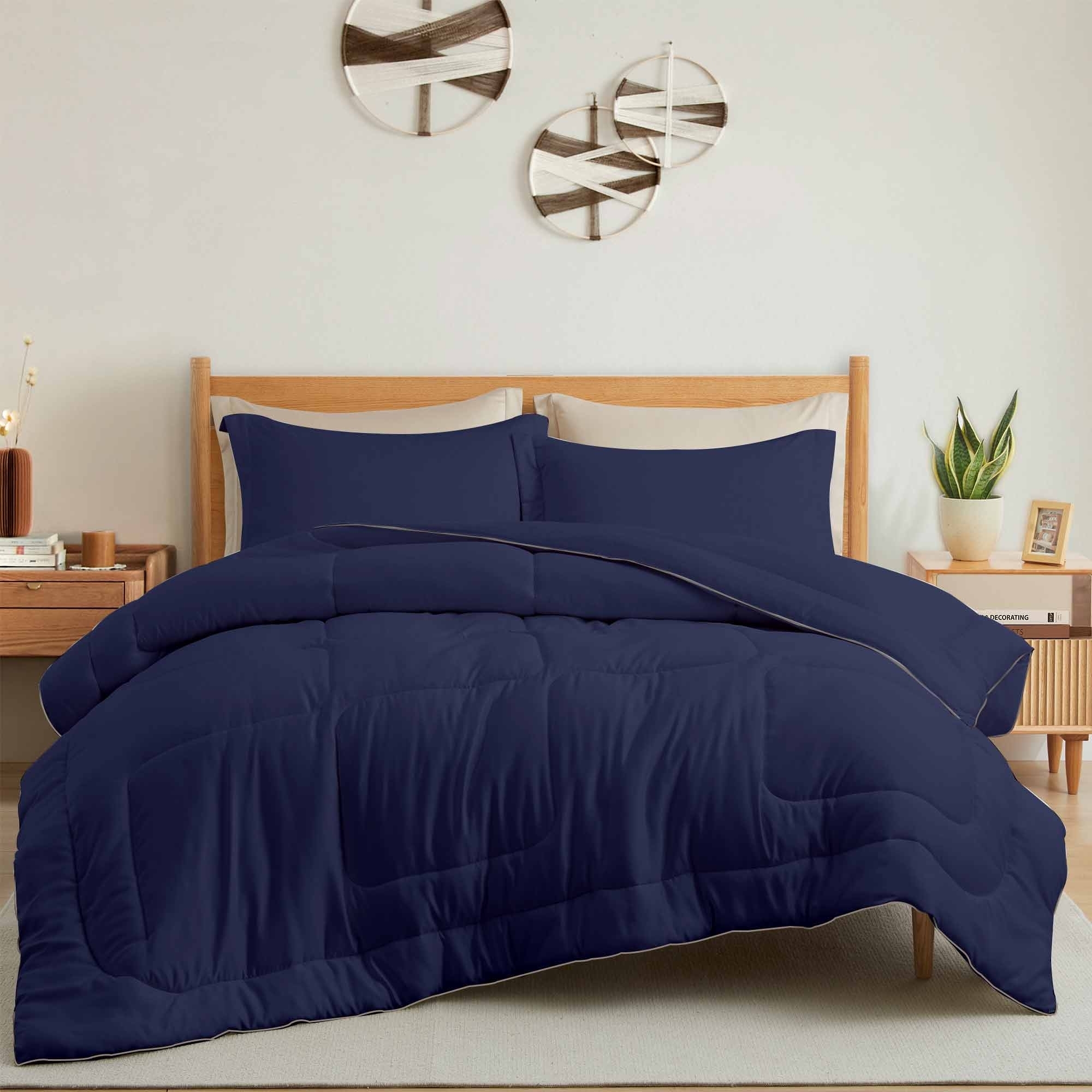 All Season Satin Down Alternative Comforter Set With Pillow Shams - Navy, Full/Queen