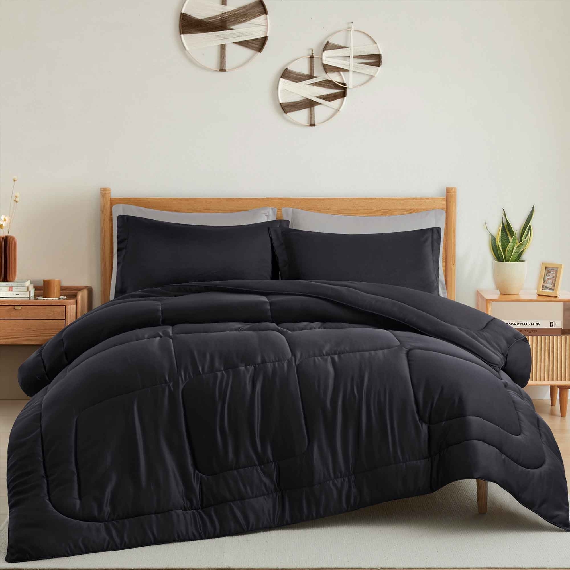 All Season Satin Down Alternative Comforter Set With Pillow Shams - Black, Full/Queen