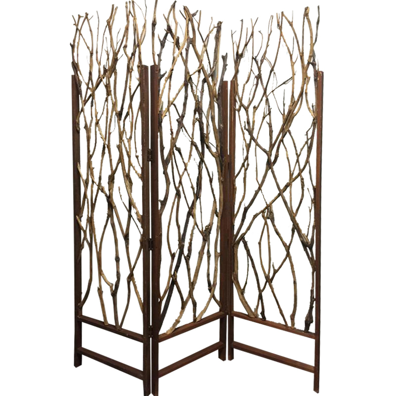 3 Panel Contemporary Foldable Wood Screen With Tree Branches, Brown- Saltoro Sherpi