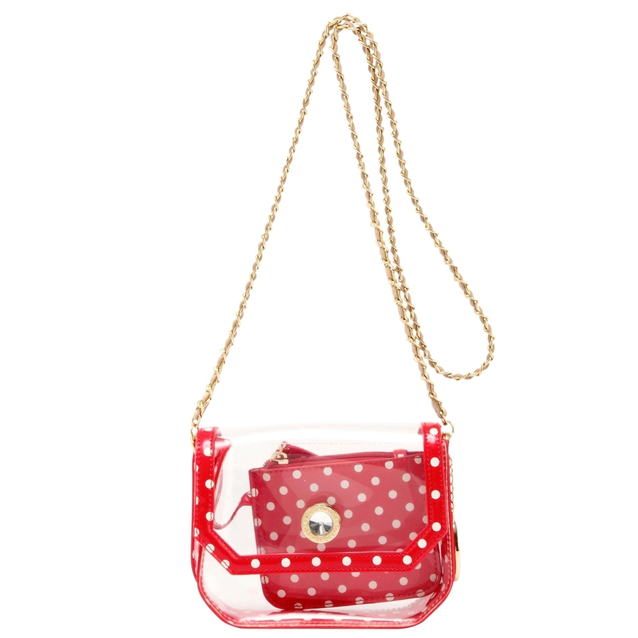 SCORE! Chrissy Small Designer Clear Crossbody Bag - Red, White And Gold
