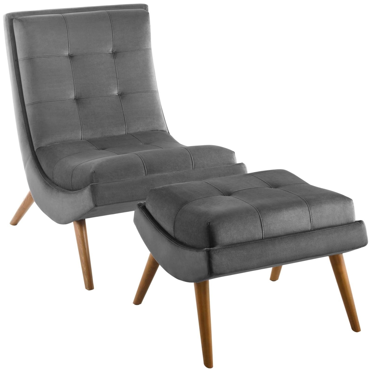 Ramp Upholstered Performance Velvet Lounge Chair And Ottoman Set, Gray
