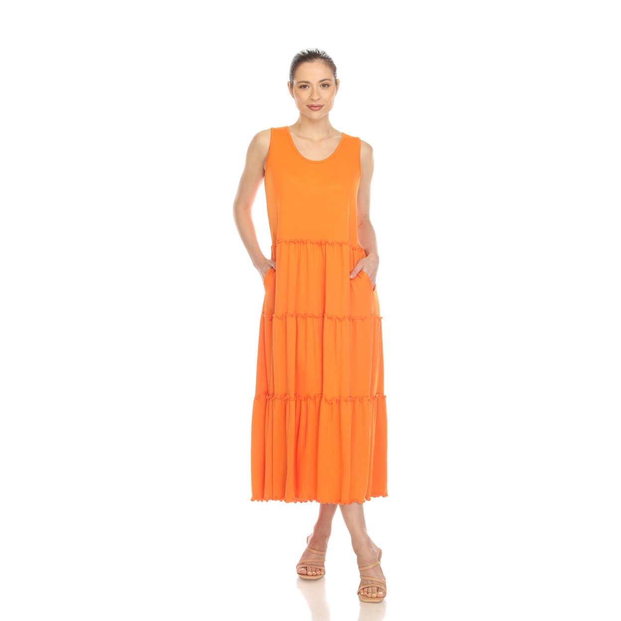 White Mark Women's Scoop Neck Tiered Midi Dress - Orange, Large