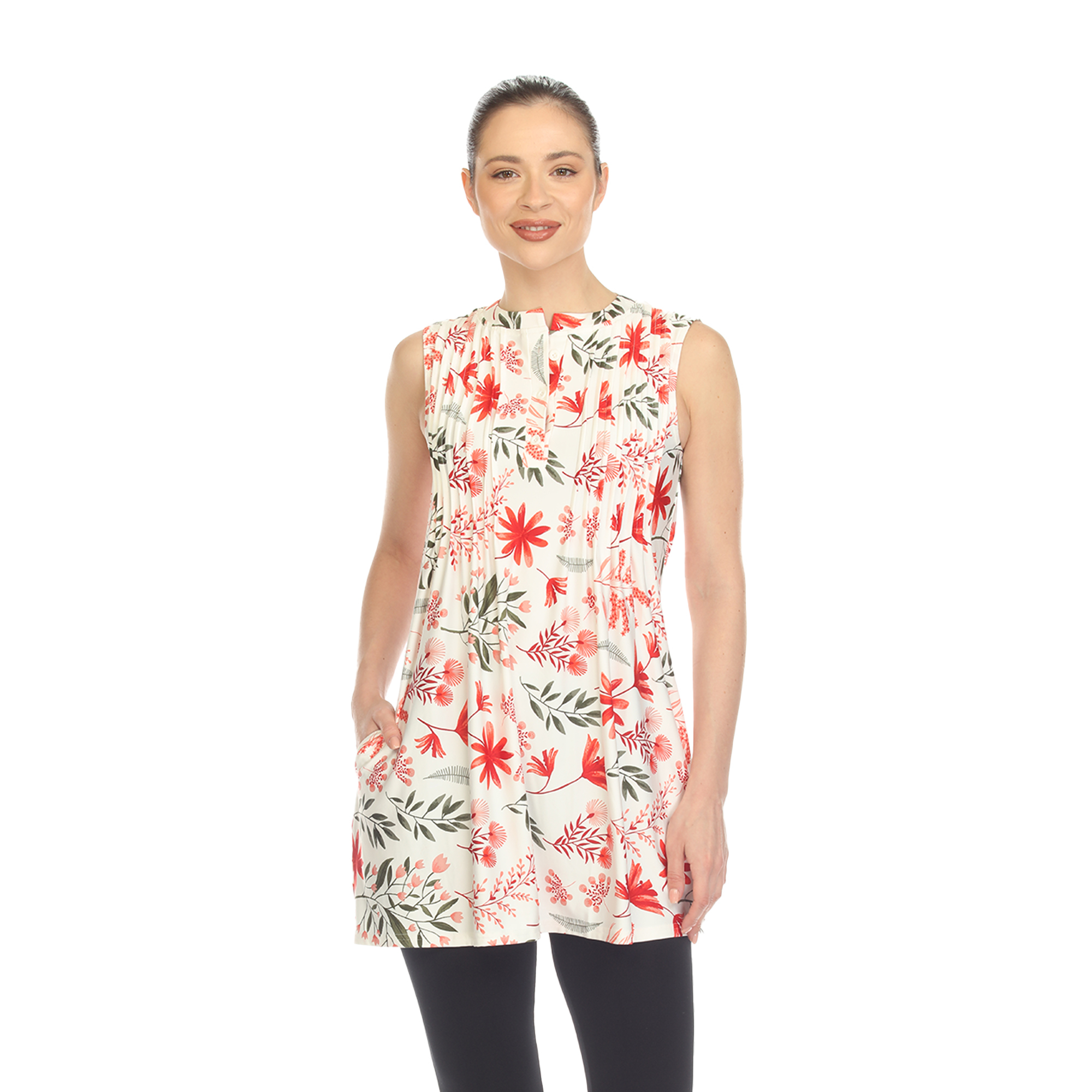White Mark Women's Floral Print Sleeveless Pleated Tunic Top With Pockets - Red, 1X