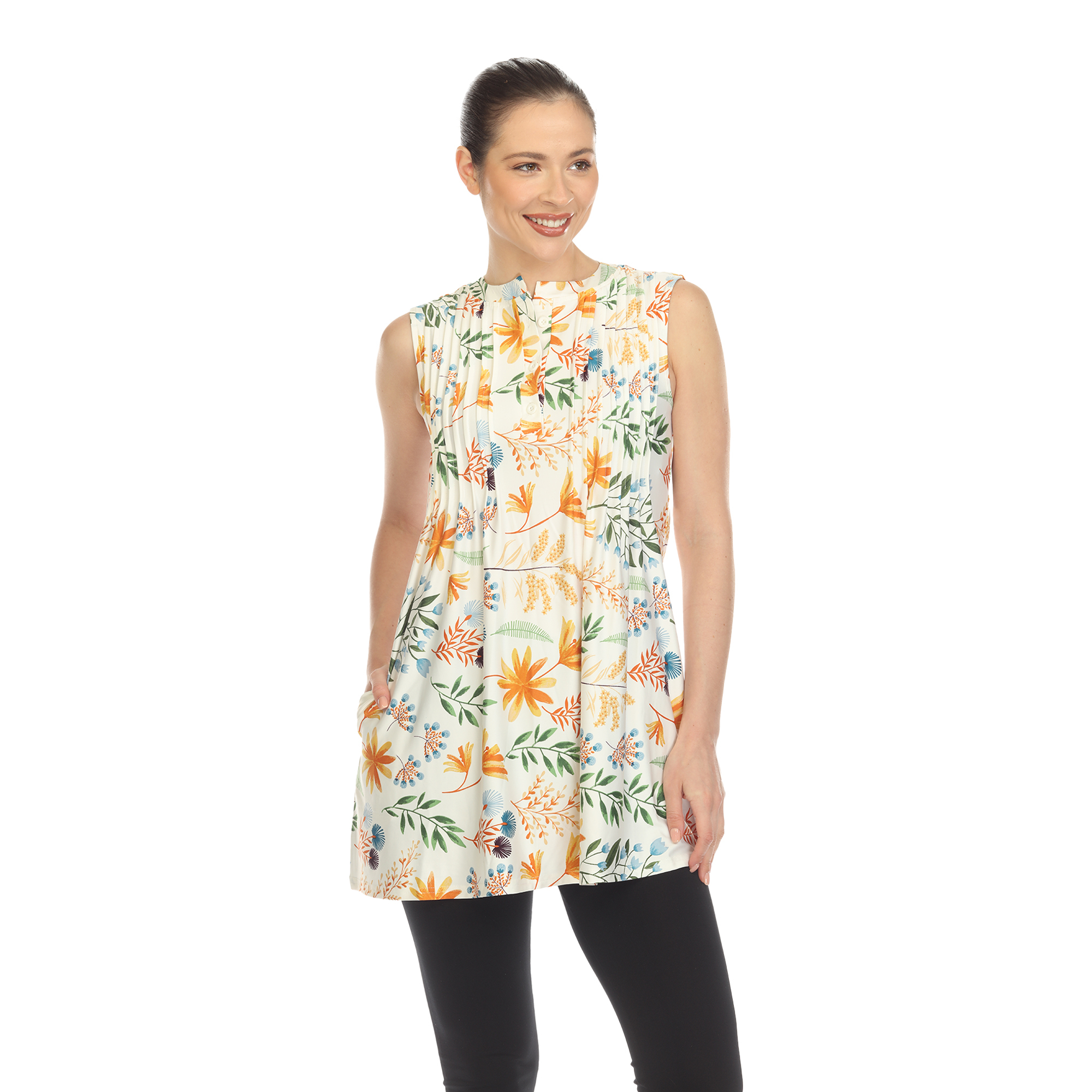 White Mark Women's Floral Print Sleeveless Pleated Tunic Top With Pockets - White, Small