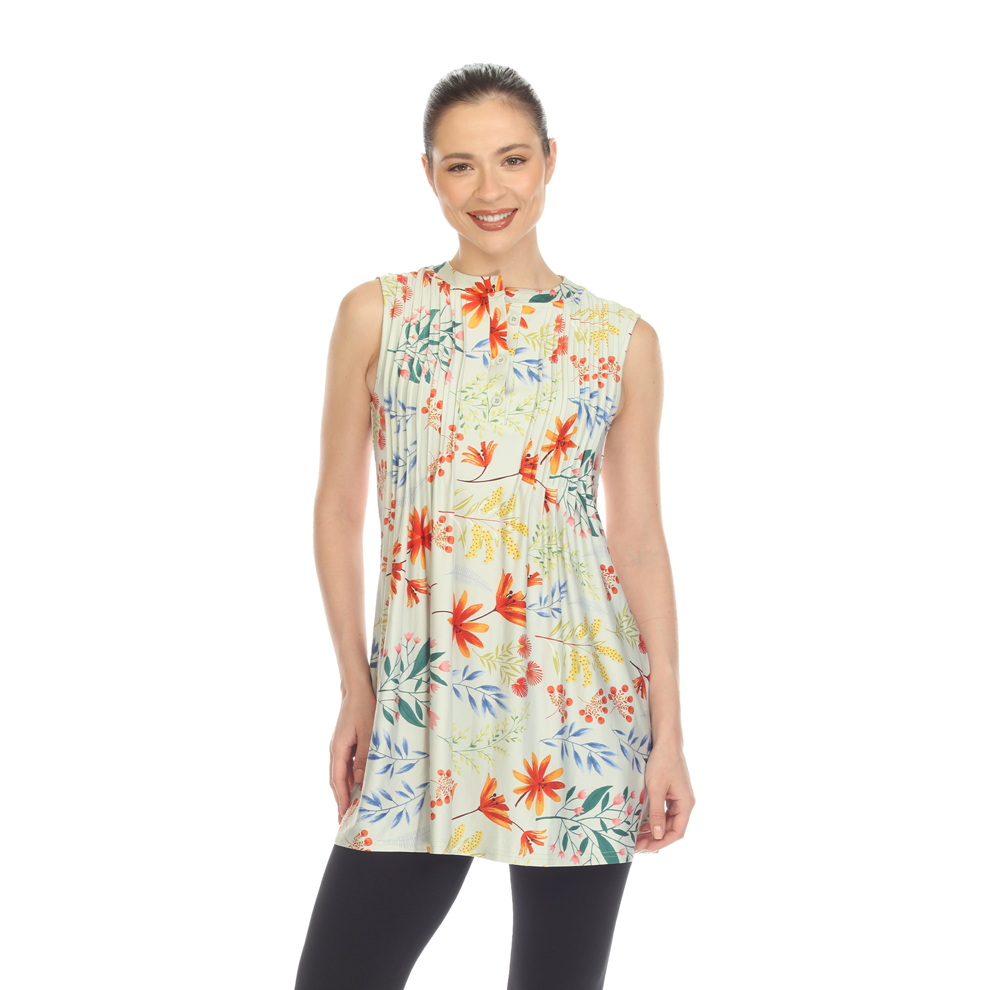 White Mark Women's Floral Print Sleeveless Pleated Tunic Top With Pockets - Sage, 1X
