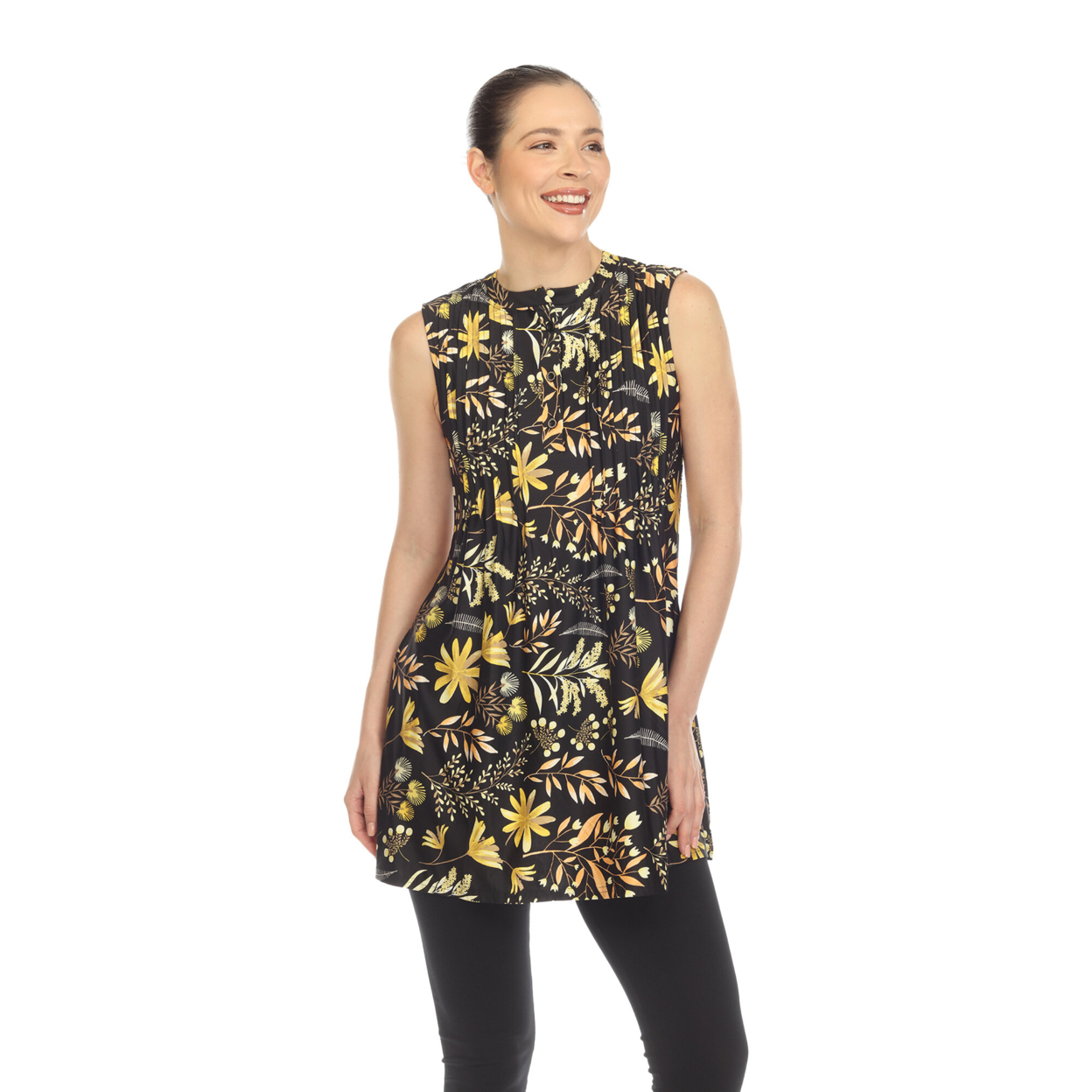 White Mark Women's Floral Print Sleeveless Pleated Tunic Top With Pockets - Black, Small