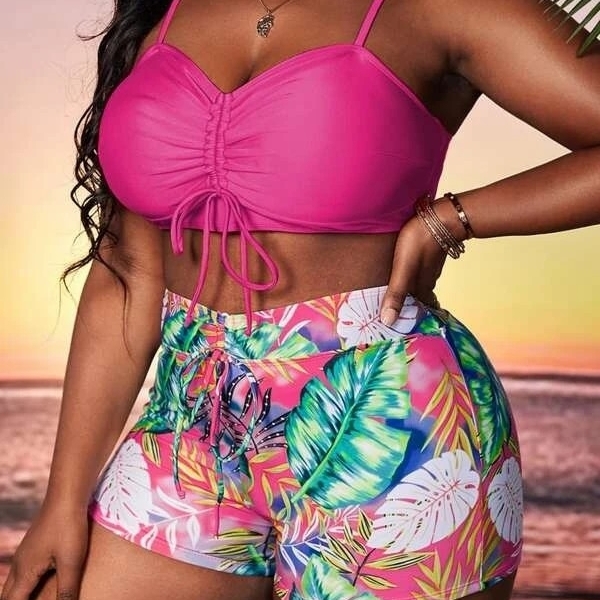 Plus Tropical Print Drawstring Bikini Swimsuit - Hot Pink, 0XL(12)