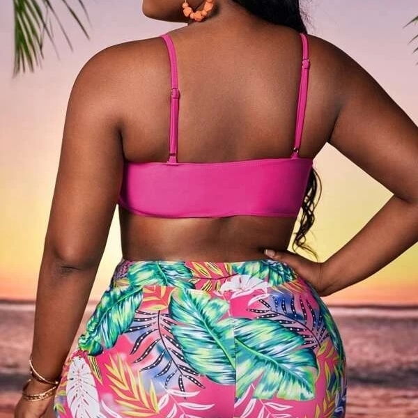 Plus Tropical Print Drawstring Bikini Swimsuit - Multicolor, 4XL(20)