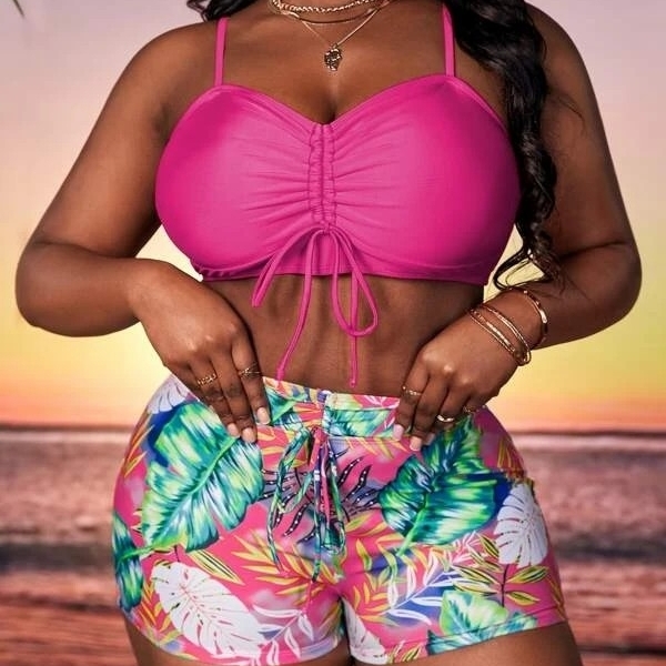Plus Tropical Print Drawstring Bikini Swimsuit - Hot Pink, 1XL(14)