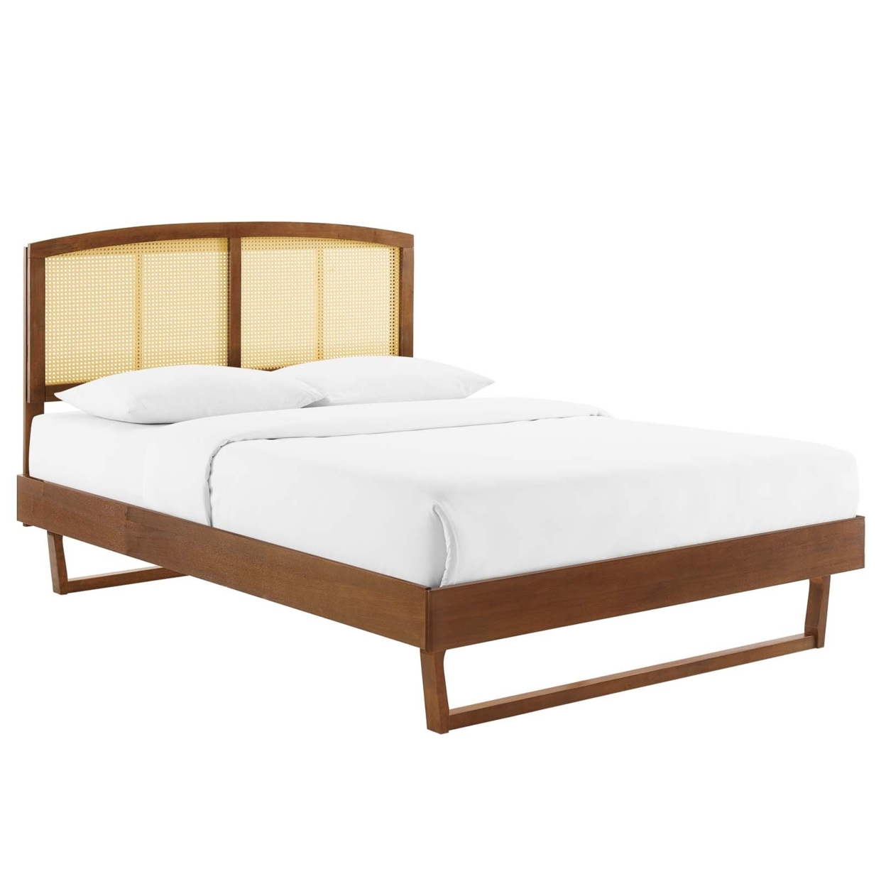 Sierra Cane And Wood Queen Platform Bed With Angular Legs, Walnut