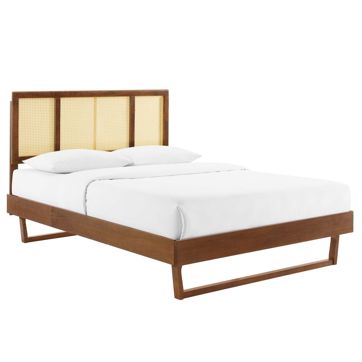 Kelsea Cane And Wood Queen Platform Bed With Angular Legs, Walnut