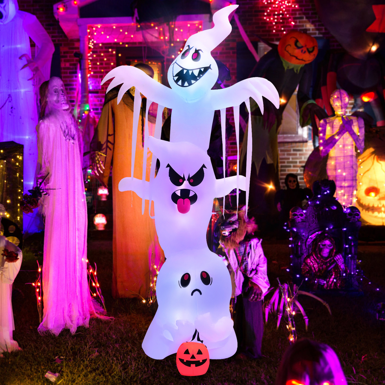 10 FT Halloween Inflatable Stacked Ghost Holiday Decor W/ Colorful Flashing Lights