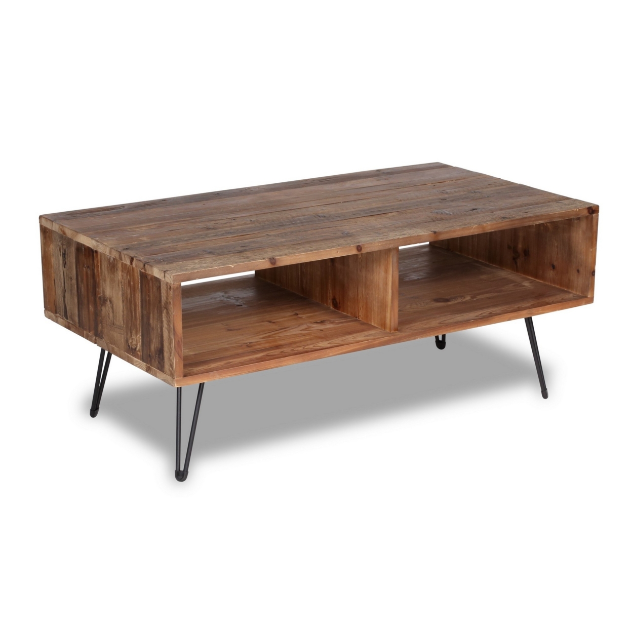 42 Inch Modern Cocktail Coffee Table With Open Compartments, Brown Wood Top - Saltoro Sherpi