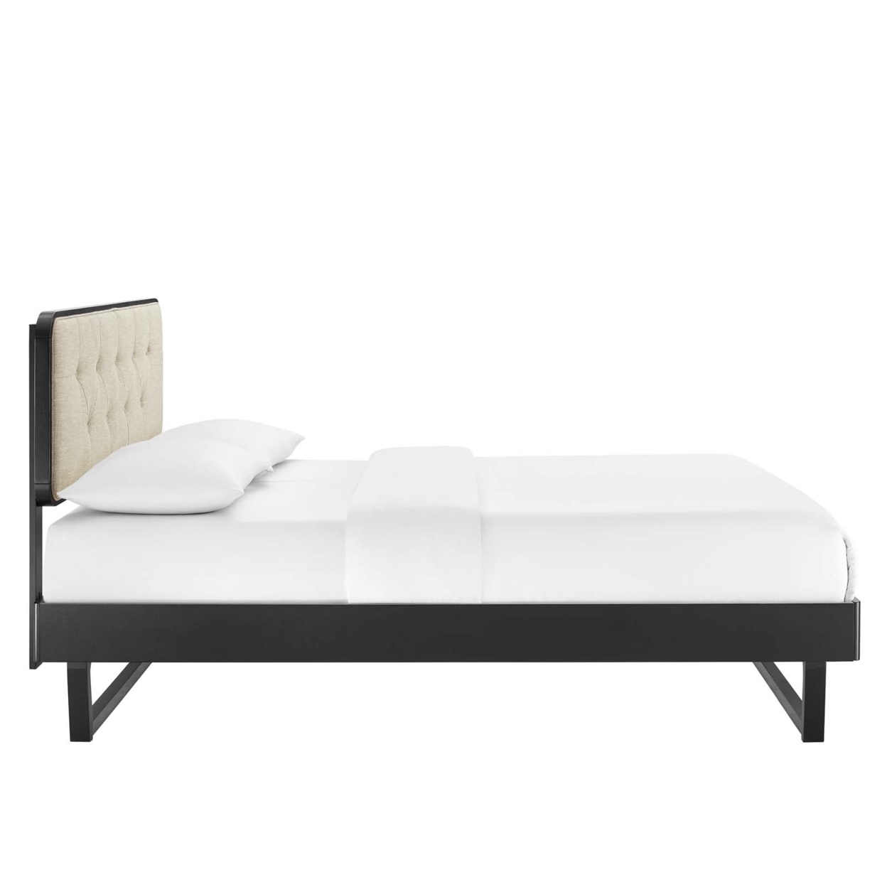 Bridgette Queen Wood Platform Bed With Angular Frame, Black Beige